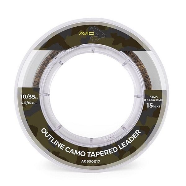 Avid Carp Šokový Vlasec Outline Camo Tapered Leaders 0,31-0,57 mm 3 x 15 m